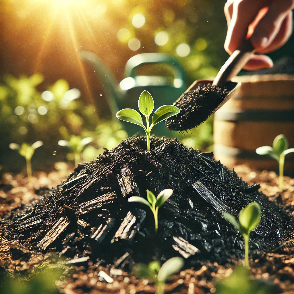 Pile of rich, black biochar being spread into fertile soil with young green plants sprouting, bathed in warm sunlight, symbolizing sustainability and soil enrichment.