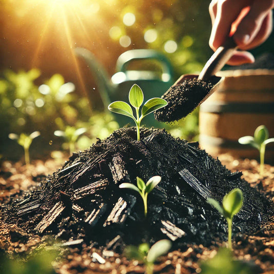 Pile of rich, black biochar being spread into fertile soil with young green plants sprouting, bathed in warm sunlight, symbolizing sustainability and soil enrichment.